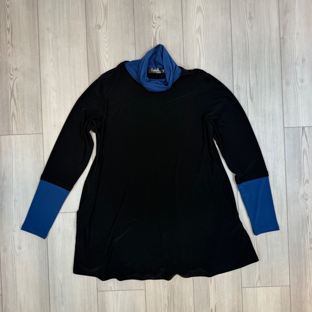 Sympli Cowl Neck Colorblock Tunic Top Black Blue Size 16 Made in Canada